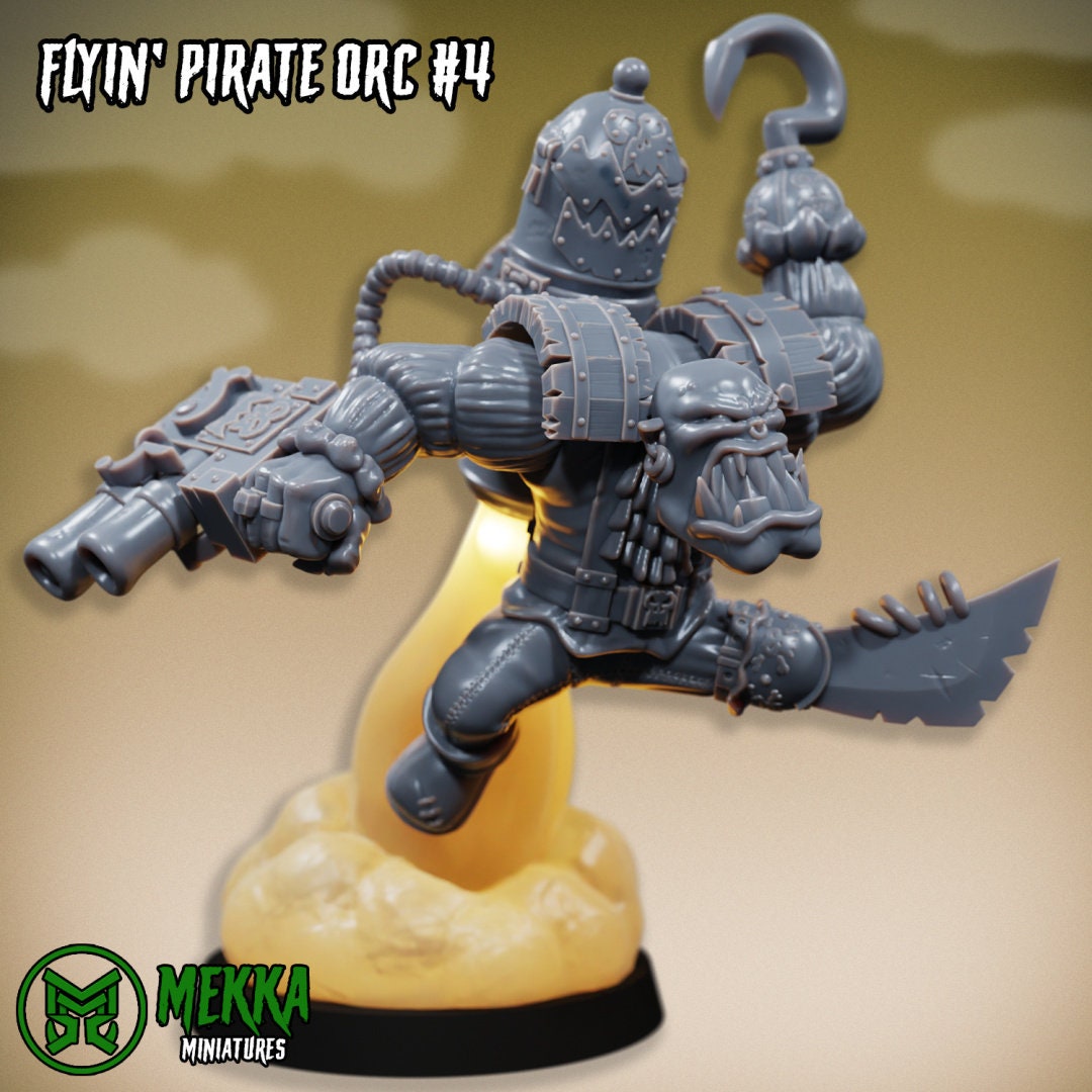 Six 3D printed Ork flying pirate models by Last Hope Miniatures for Mekka Miniatures, detailed fantasy tabletop gaming figures.