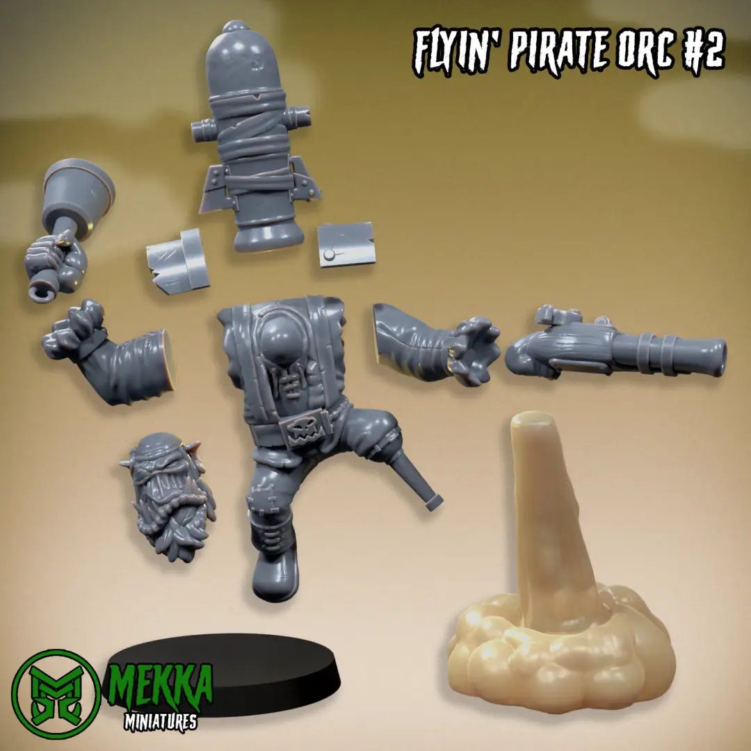 Six 3D printed Ork Flying Pirate miniatures by Last Hope Miniatures for Mekka Miniatures, detailed model set displayed on a white background.