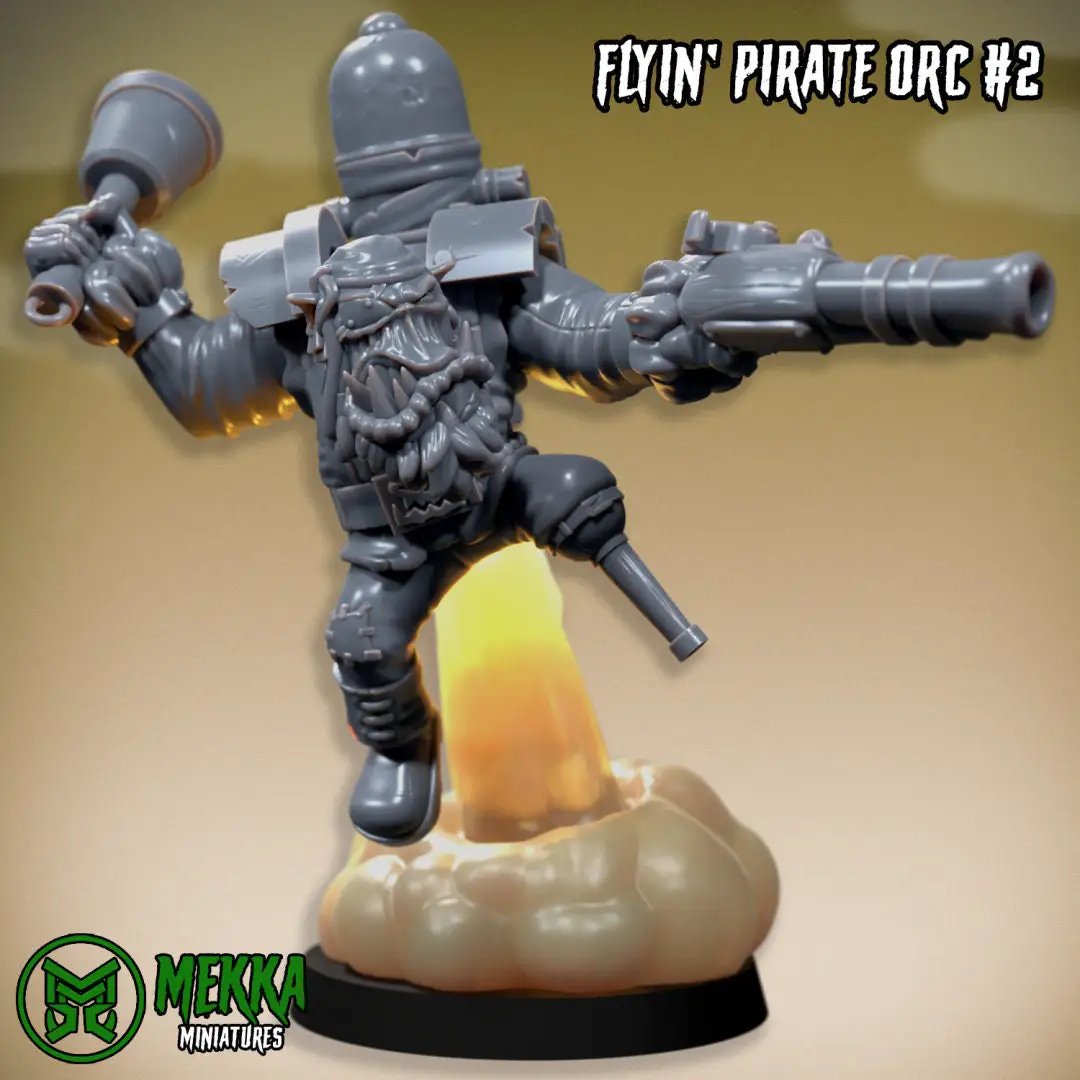 Six 3D printed Ork flying pirate models by Last Hope Miniatures for Mekka Miniatures, detailed fantasy tabletop game figures.