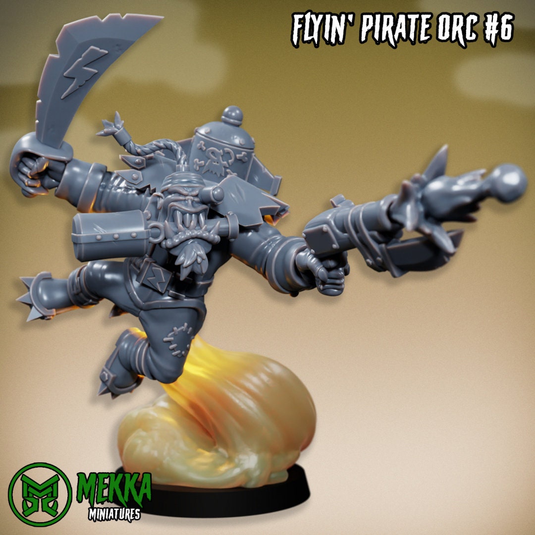 Six 3D-printed Ork flying pirate models by Last Hope Miniatures for Mekka Miniatures, detailed miniature gaming figures.