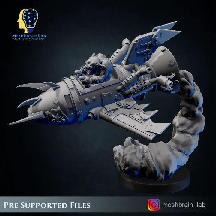 3D printed Ork Flying Rocket model by Meshbrain Labs, detailed miniature from Last Hope Miniatures, shown on a white background.