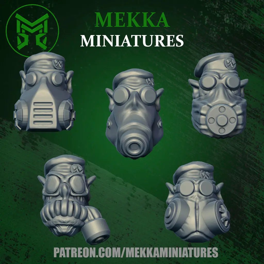 Set of 10 3D printed Ork gas mask heads models by Last Hope Miniatures for Mekka Miniatures, detailed and ready for tabletop gaming.
