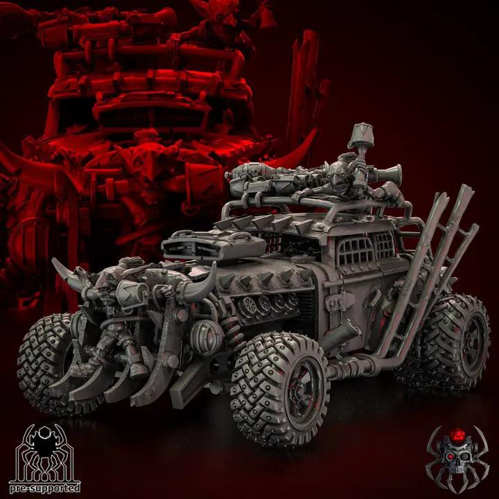 3D printed Ork Hottruck model by Last Hope Miniatures, featuring detailed green Ork figure and rugged vehicle design.