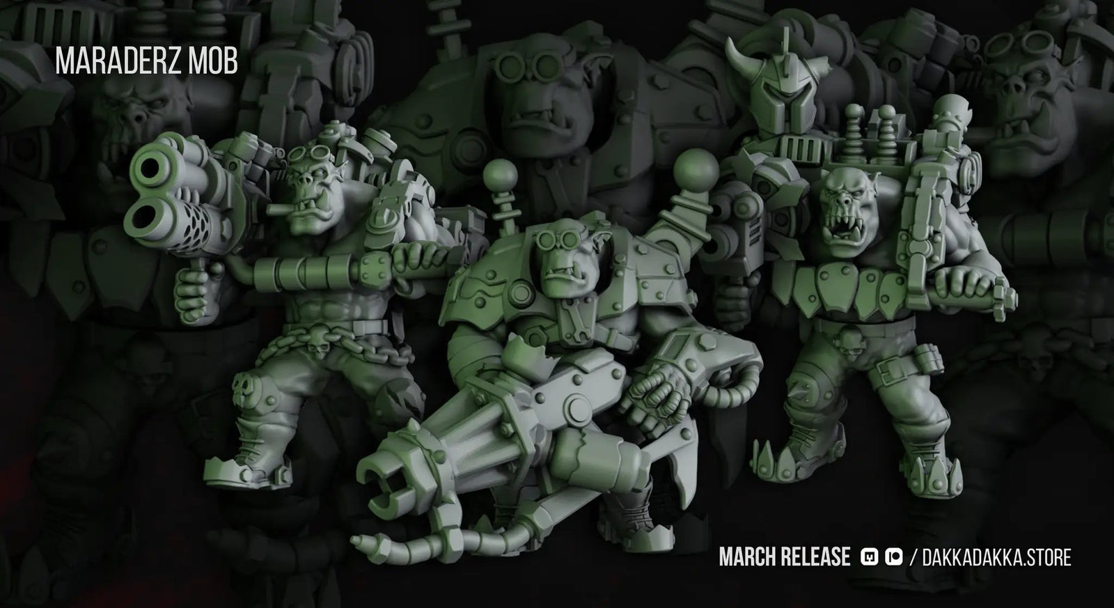 3D printed Ork Maradaz x5 model by DakkaDakka Miniatures, painted green with detailed armor and weaponry, from Last Hope Miniatures.