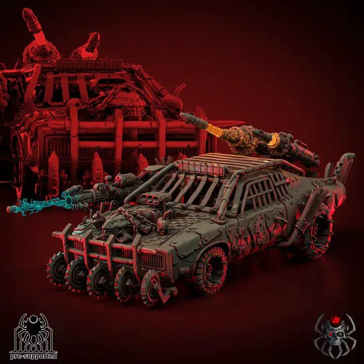 3D printed Ork Muscle Car model by Last Hope Miniatures, detailed green miniature vehicle with muscular design and intricate details.