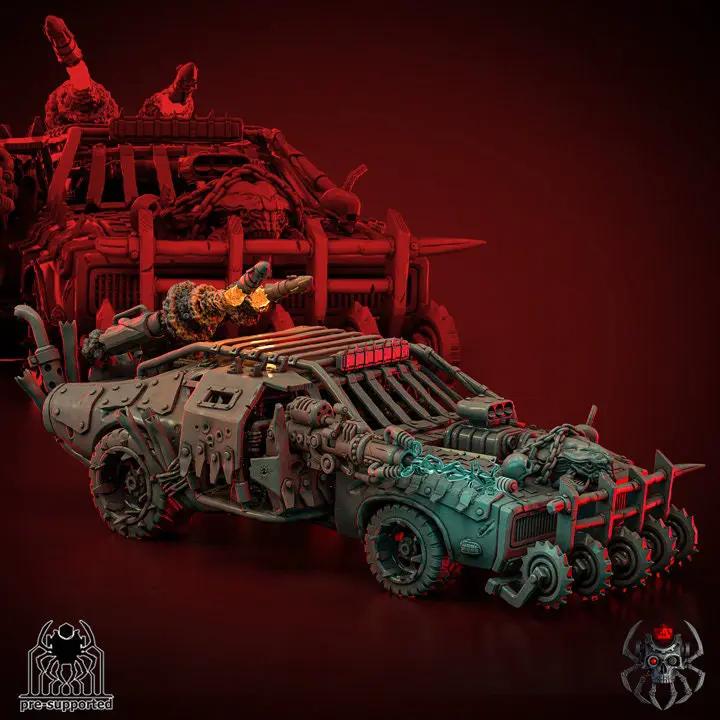3D printed Ork muscle car model by Last Hope Miniatures, showcasing a detailed miniature vehicle with bold, rugged design.