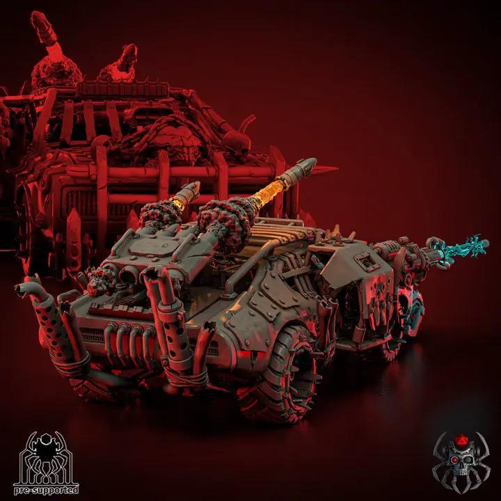 3D printed Ork Muscle Car model by Last Hope Miniatures, featuring a detailed green Ork figure with a powerful muscle car design.