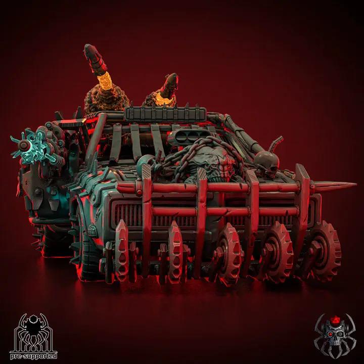 3D printed Ork Muscle Car model by Last Hope Miniatures, featuring green Ork figure and detailed muscle car design.
