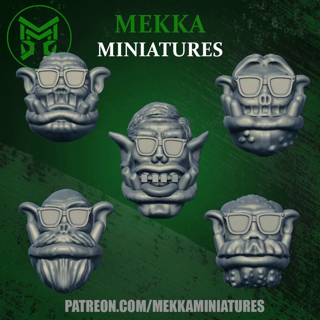 Set of 10 3D printed Ork Nerd Head models by Last Hope Miniatures for tabletop gaming and miniatures collections.
