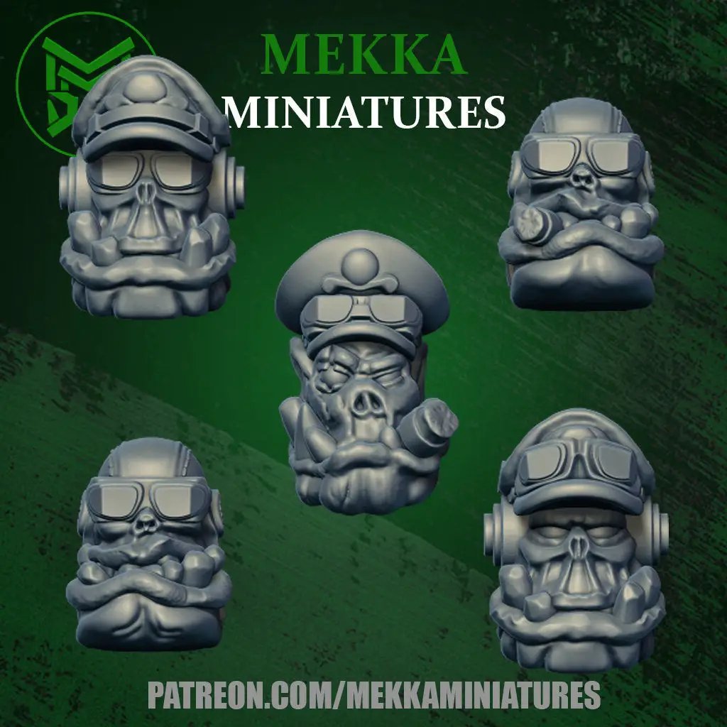 Ten 3D printed Ork Pilot heads by Mekka Miniatures, detailed models for tabletop gaming and miniature collections.