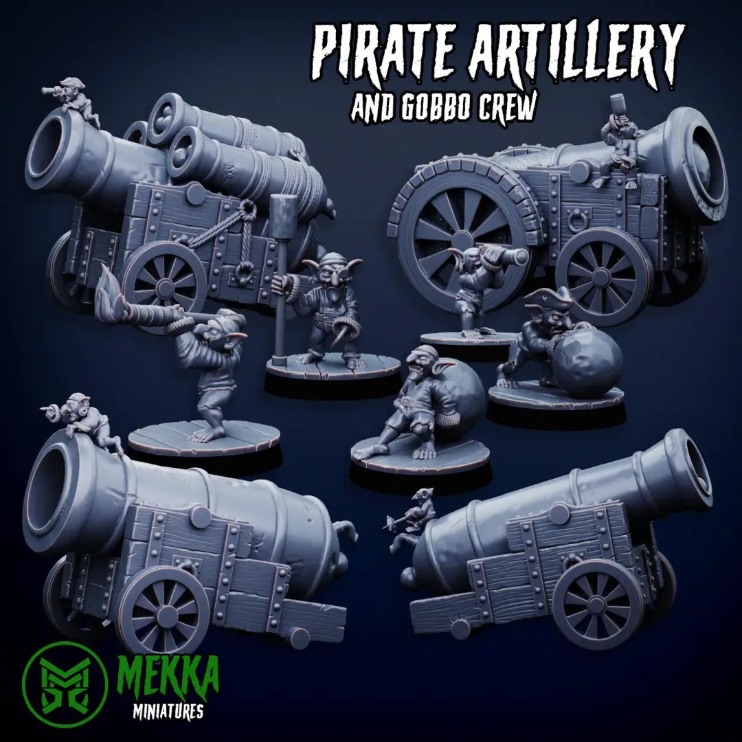 Four 3D printed Ork Pirate Artillery models by Last Hope Miniatures for Mekka Miniatures, detailed and ready for tabletop gaming.