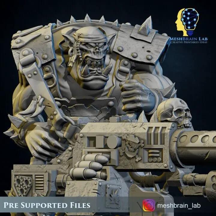 3D printed Ork Pirate model with Big Bada Boom flamethrower by Last Hope Miniatures, detailed miniature figure from Meshbrain Labs.