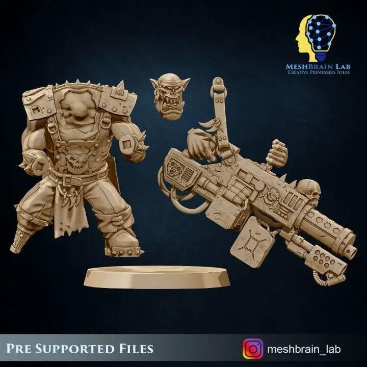 3D printed Ork Pirate model holding a Big Bada Boom flamethrower, by Last Hope Miniatures, designed by Meshbrain Labs.