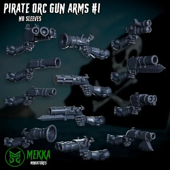 24 3D printed Ork Pirate gun arms model by Last Hope Miniatures for Mekka Miniatures, detailed green orc arms holding guns.