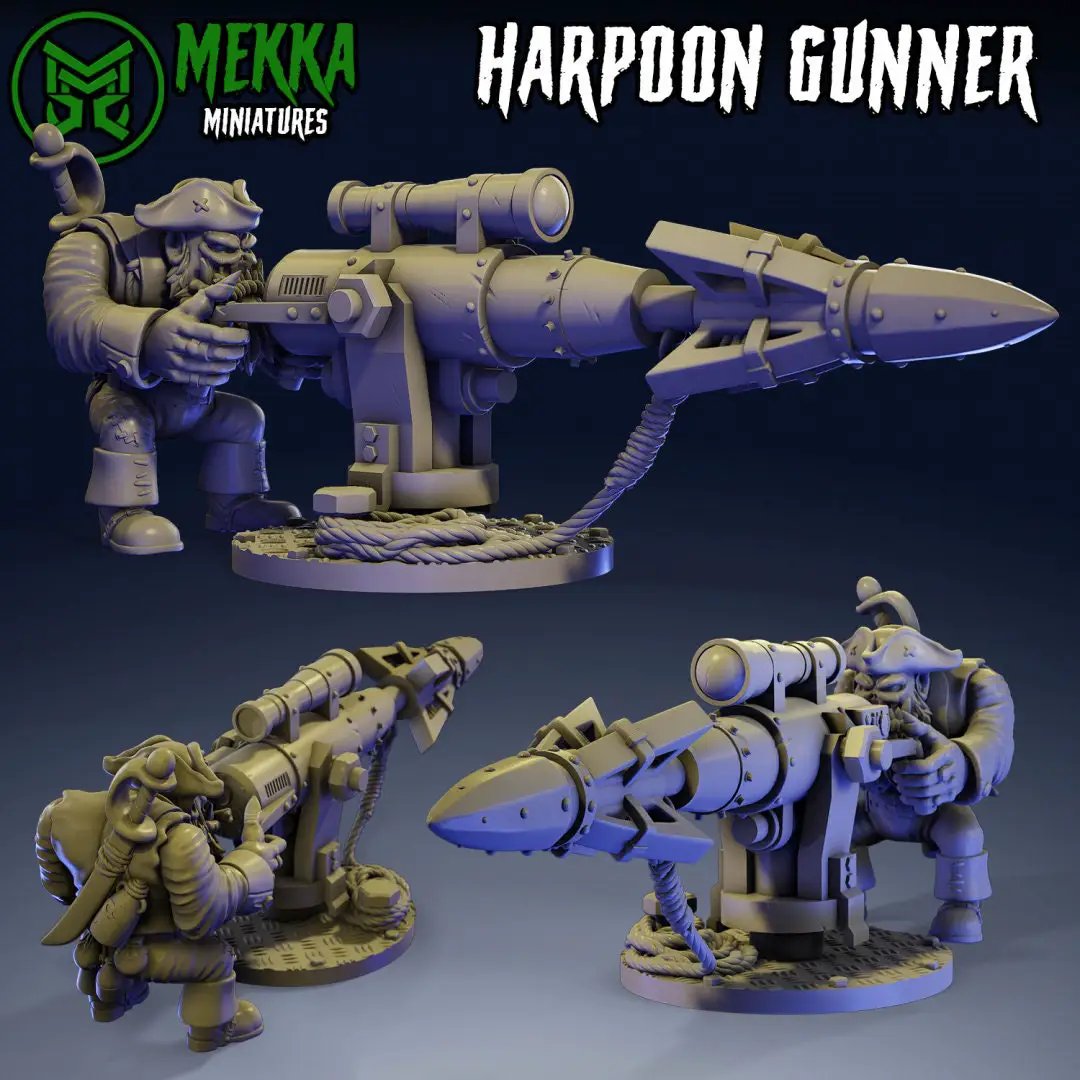 3D printed Ork Pirate Harpoon Gunner model by Mekka Miniatures, detailed orc figure holding a harpoon gun, from Last Hope Miniatures.