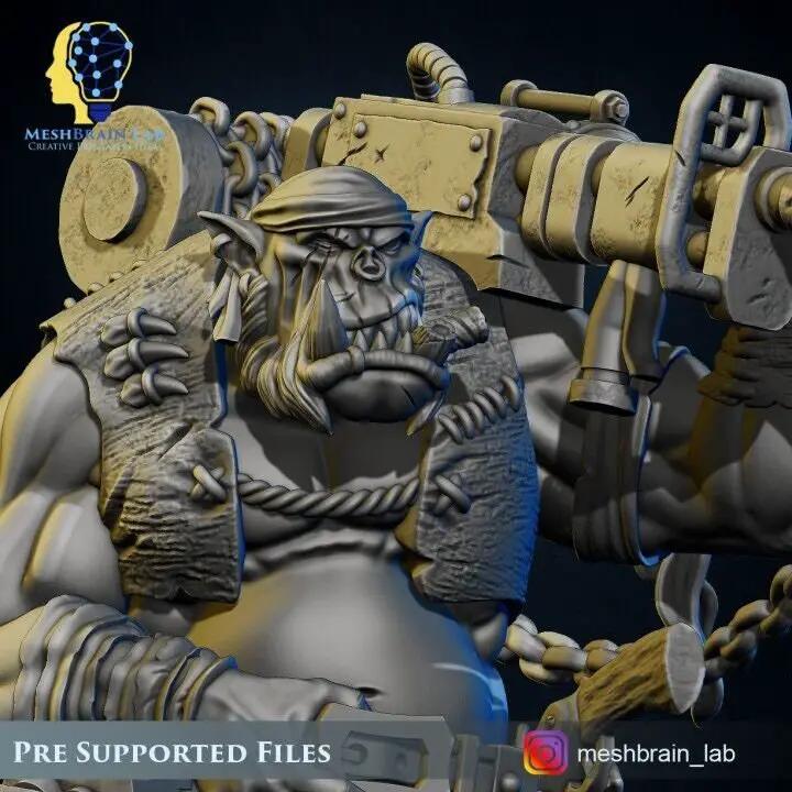 3D printed Ork Pirate Harpooner model by Meshbrain Labs, detailed miniature figure from Last Hope Miniatures.