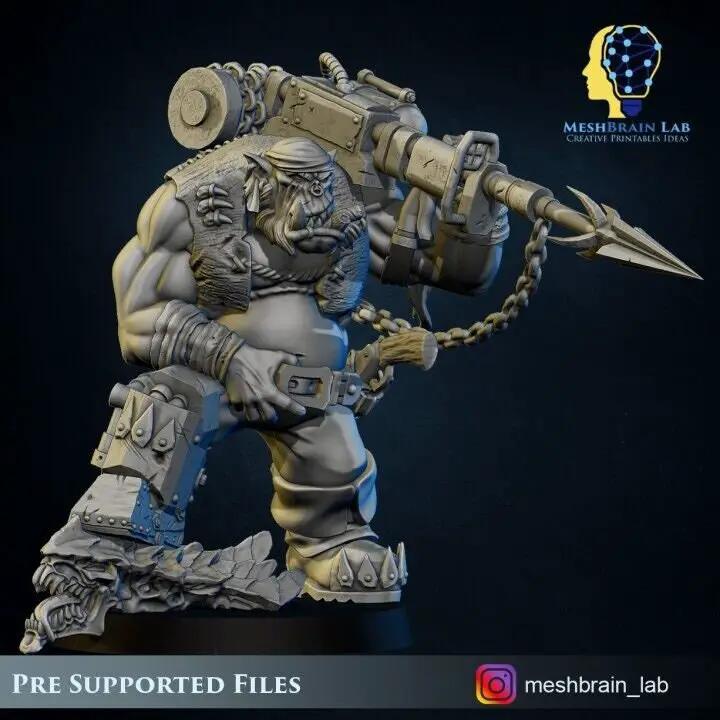 3D printed Ork Pirate Harpooner model by Meshbrain Labs for Last Hope Miniatures, featuring a detailed orc with a harpoon weapon.