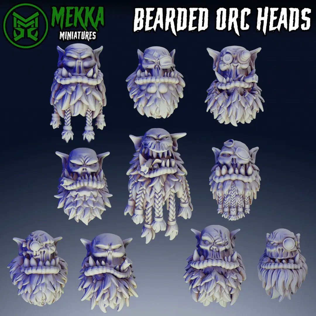 Set of 10 3D printed Ork Pirate heads miniatures by Last Hope Miniatures for Mekka Miniatures.