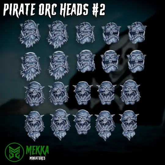 Set of 20 3D printed Ork Pirate head models by Last Hope Miniatures for tabletop gaming and miniature collection.