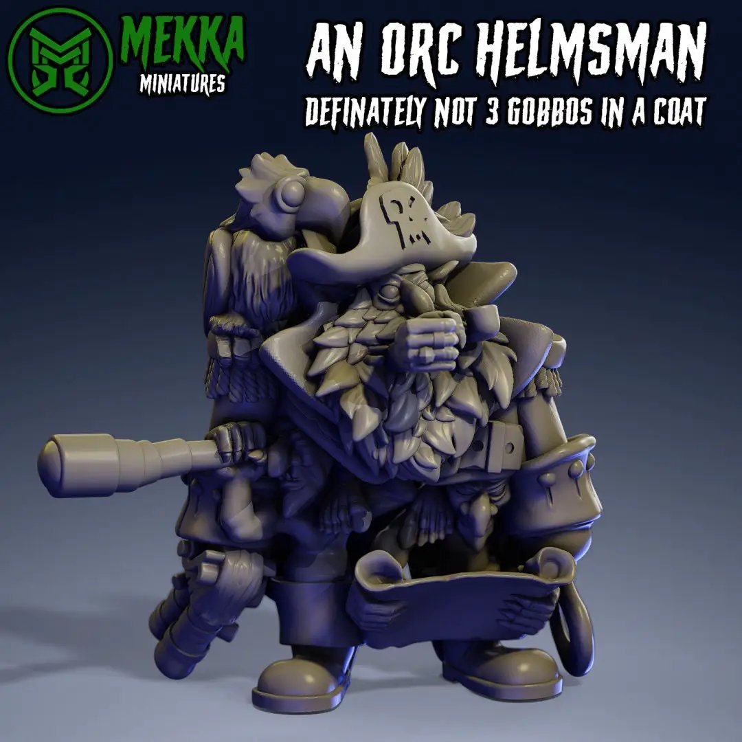 3D printed Ork Pirate Helmsman model by Last Hope Miniatures, featuring detailed pirate attire and fierce expression.