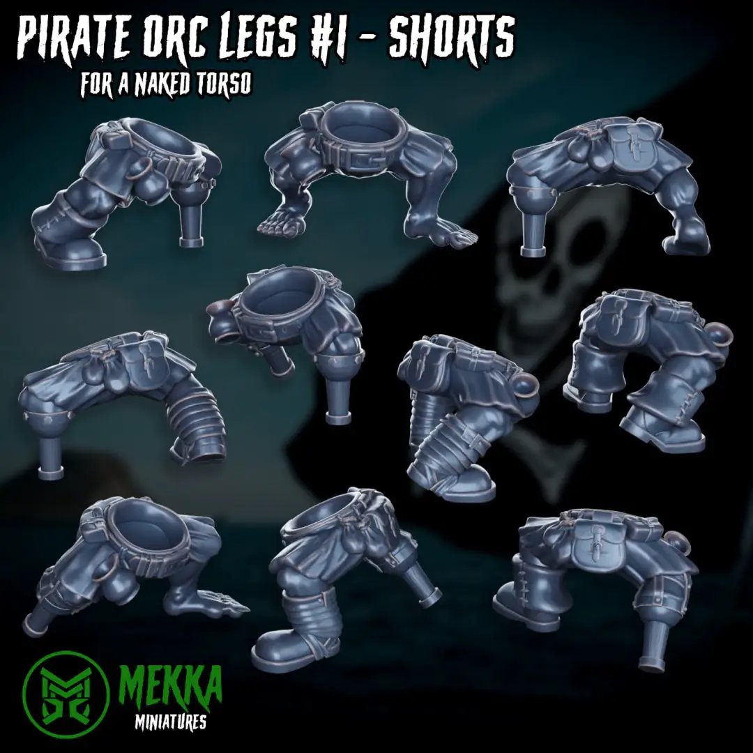 Set of ten 3D printed Ork Pirate legs models by Last Hope Miniatures for Mekka Miniatures tabletop gaming or dioramas.