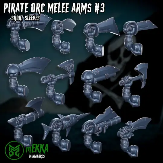 Set of 24 3D printed Ork Pirate melee arms by Last Hope Miniatures for Mekka Miniatures model figures.
