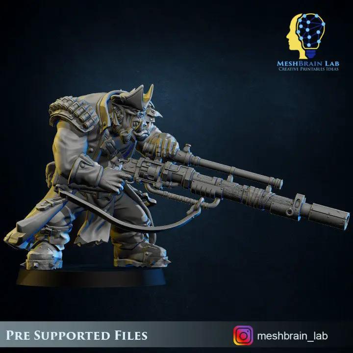 3D printed Ork Pirate Sniper model by Meshbrain Labs, detailed miniature from Last Hope Miniatures for tabletop gaming.