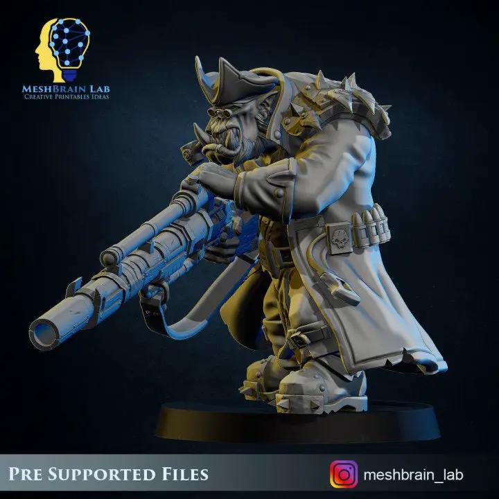 3D printed Ork Pirate Sniper model by Meshbrain Labs, detailed miniature from Last Hope Miniatures collection.