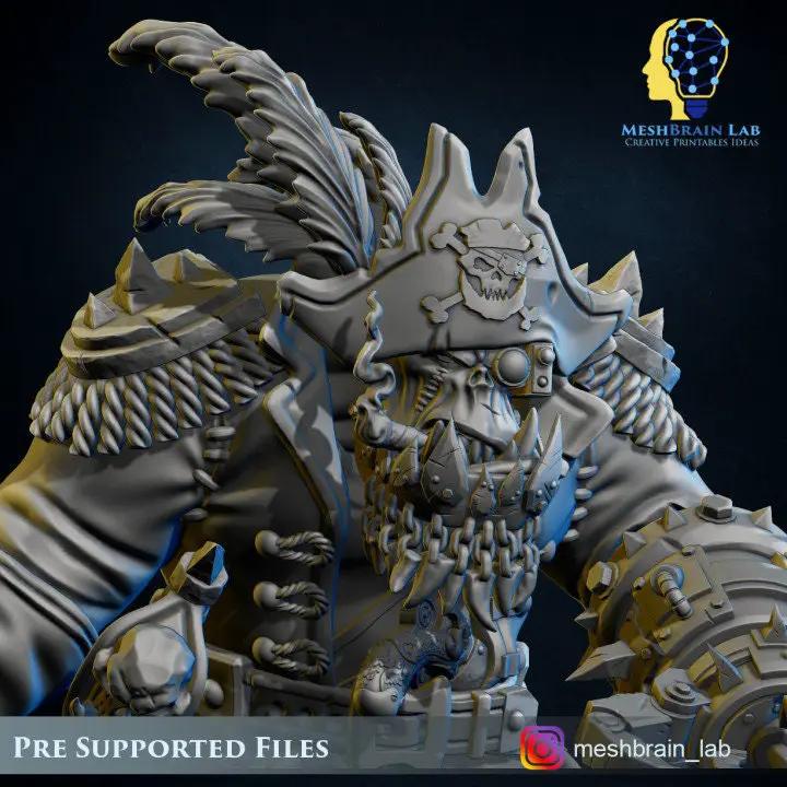 3D printed Ork Pirate Warboss model by Meshbrain Labs Miniatures, detailed miniature figure with pirate armor and weaponry.