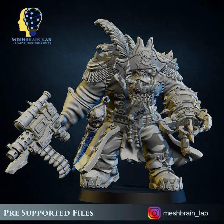 3D printed Ork Pirate Warboss model by Meshbrain Labs Miniatures, detailed miniature figure with pirate armor and weaponry.