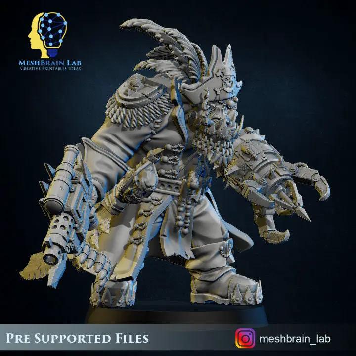 3D printed Ork Pirate Warboss model by Meshbrain Labs, featuring detailed sculpting and vibrant colors from Last Hope Miniatures.