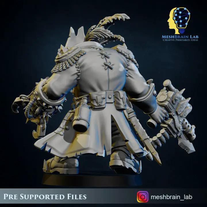 3D printed Ork Pirate Warboss model by Meshbrain Labs Miniatures, detailed miniature figure with pirate armor and weaponry.
