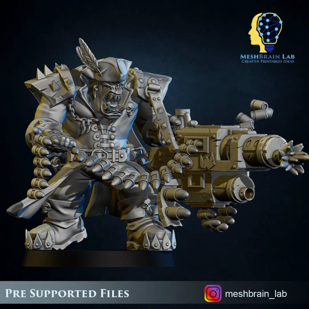 3D printed Ork Pirate model by Meshbrain Labs with Big Bada Boom grenade launcher, detailed miniature for tabletop gaming.