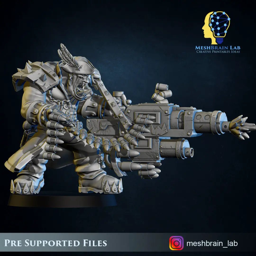 3D printed Ork Pirate model with Big Bada Boom grenade launcher by Meshbrain Labs for Last Hope Miniatures.