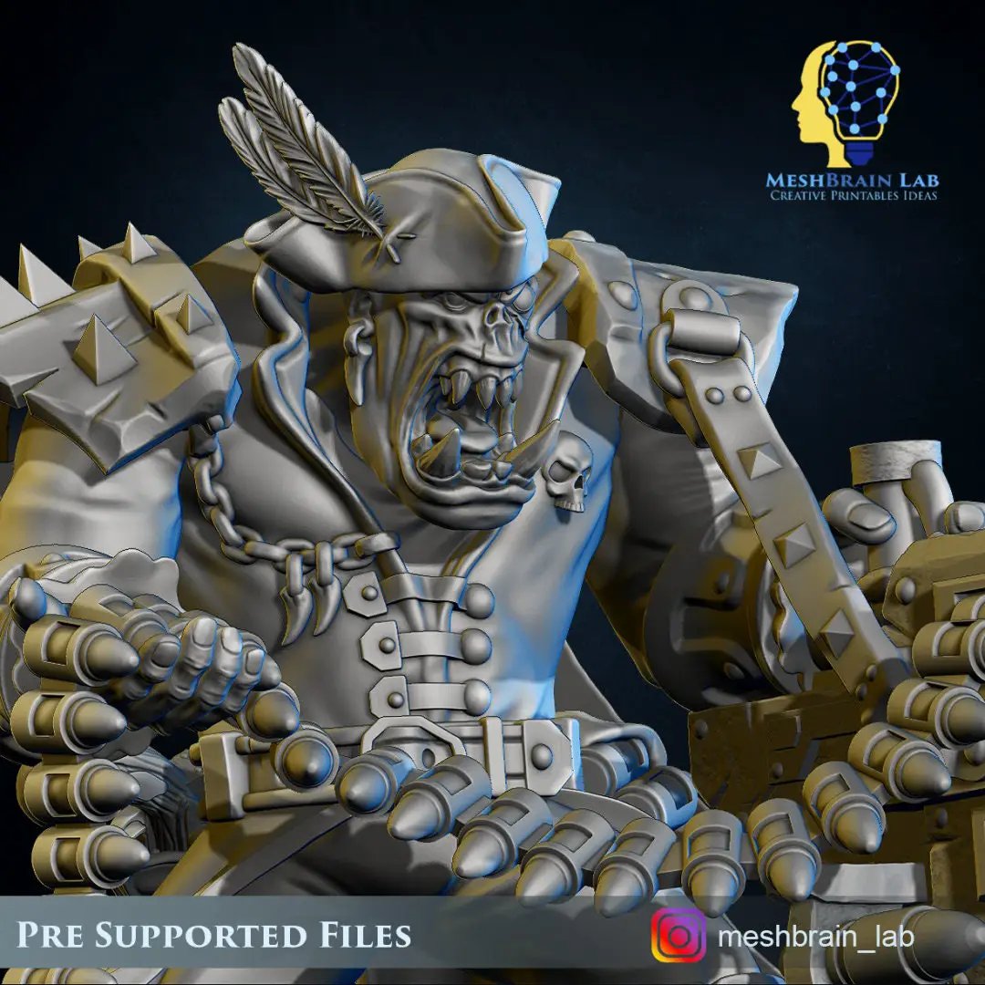 3D printed Ork Pirate model by Meshbrain Labs with Big Bada Boom grenade launcher, detailed miniature for tabletop gaming.