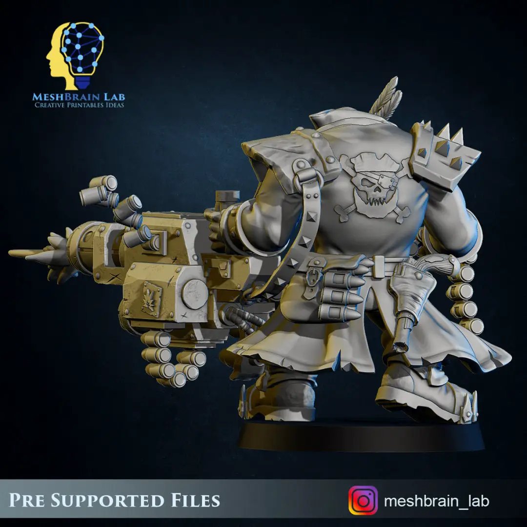 3D printed Ork Pirate model with Big Bada Boom grenade launcher by Meshbrain Labs, detailed miniature for tabletop gaming.