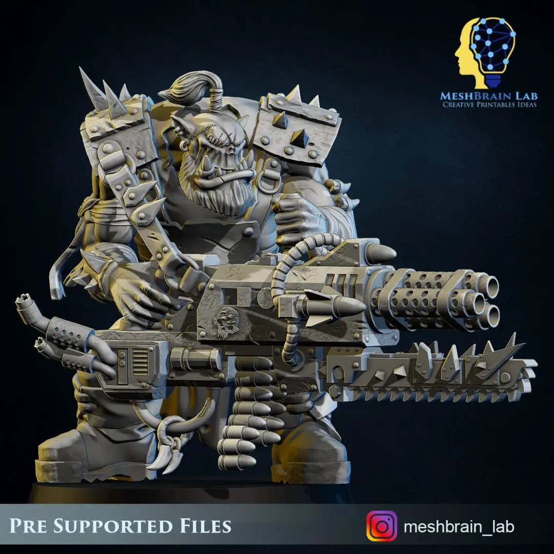 3D printed Ork Pirate model with chainsword and Big Bada Boom weapon, from Last Hope Miniatures by Meshbrain Labs.