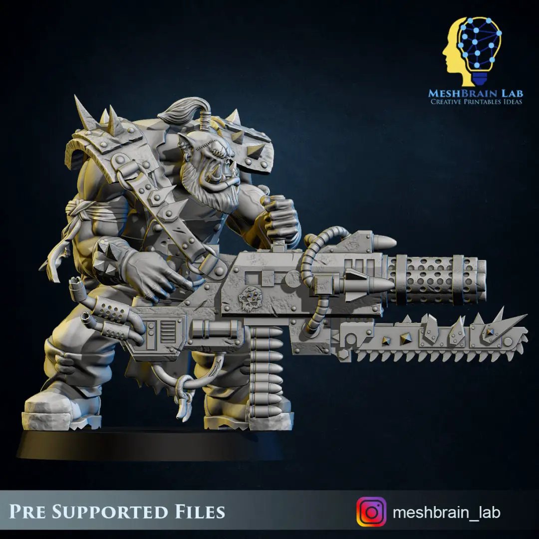 3D printed Ork Pirate model with chainsword and Big Bada Boom weapon, by Meshbrain Labs for Last Hope Miniatures.