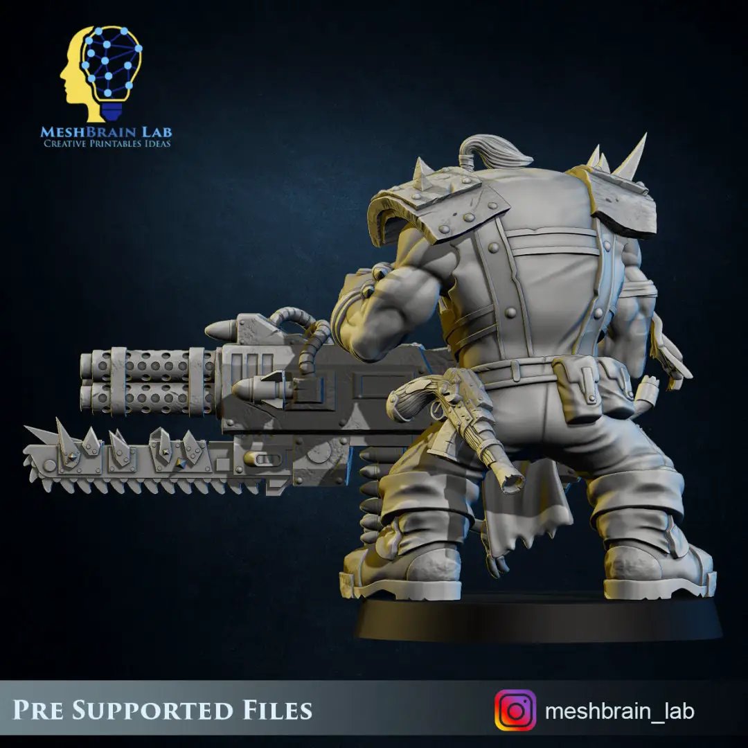 3D printed Ork Pirate model with chainsword and Big Bada Boom weapon by Last Hope Miniatures, detailed fantasy gaming figure.