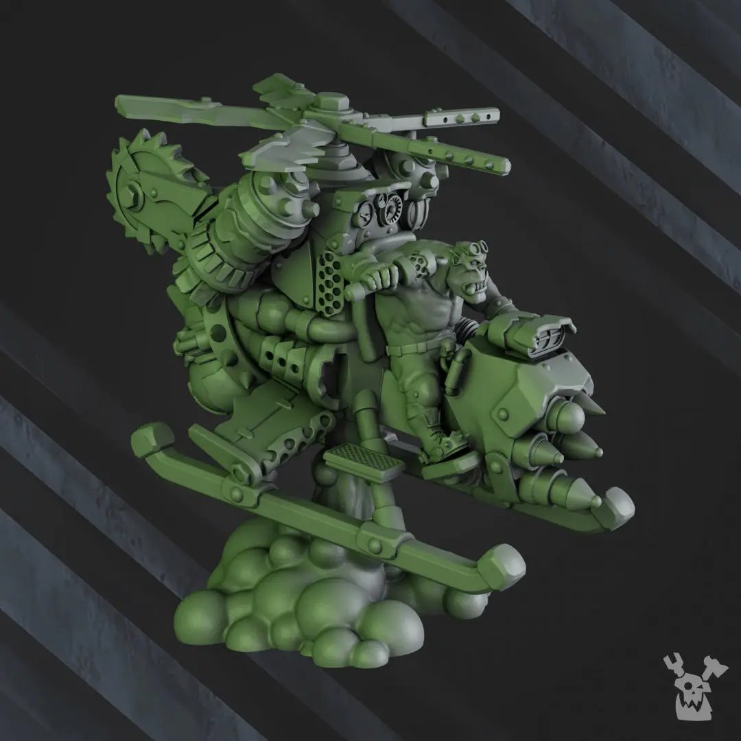 3D printed Ork Spinny Flyaz model by DakkaDakka Miniatures, featuring detailed green Ork figures with spinning parts and miniature weapons.