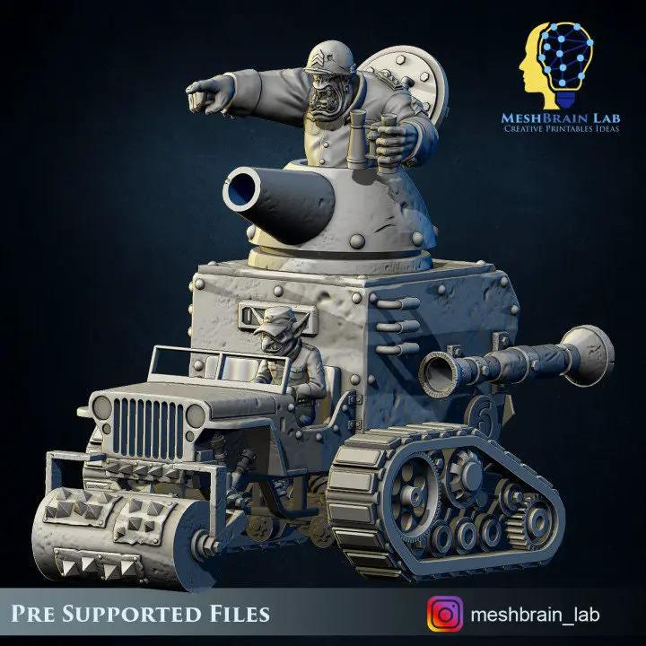 3D printed Ork Super Tank model by Meshbrain Labs, detailed miniature for tabletop gaming, by Last Hope Miniatures.