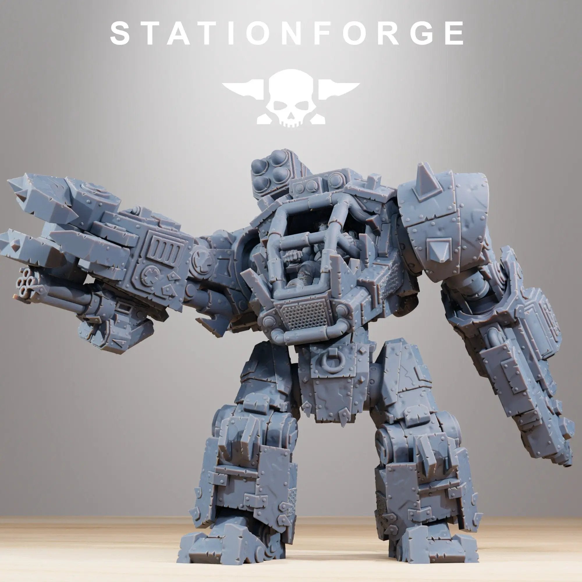 3D-printed Ork Warboss model by StationForge Miniatures, detailed miniature figure for tabletop gaming and display.