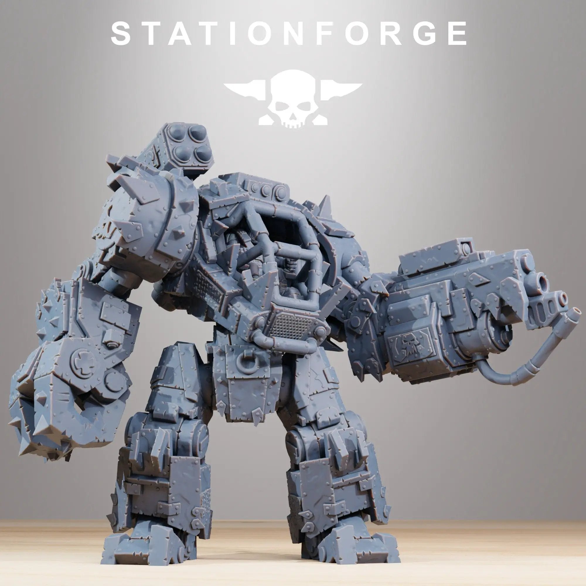 3D printed Ork Walkantor model by StationForge Miniatures, detailed green orc figure with armor and weapon, by Last Hope Miniatures
