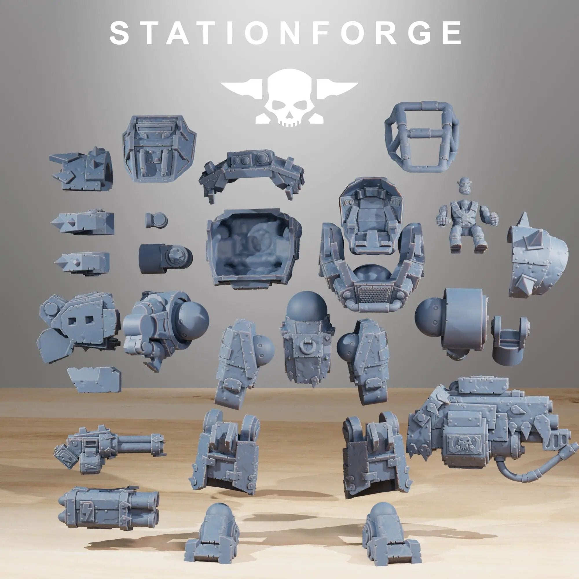 3D printed Ork Walkantor model by StationForge Miniatures, detailed green Ork figure for tabletop gaming or collection.