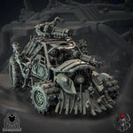 3D printed Ork Warbuggy model by Last Hope Miniatures, detailed miniature vehicle with green and brown paint, on a display base.