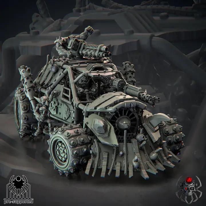 3D printed Ork Warbuggy model by Last Hope Miniatures, detailed miniature vehicle with green and brown paint, on a display base.