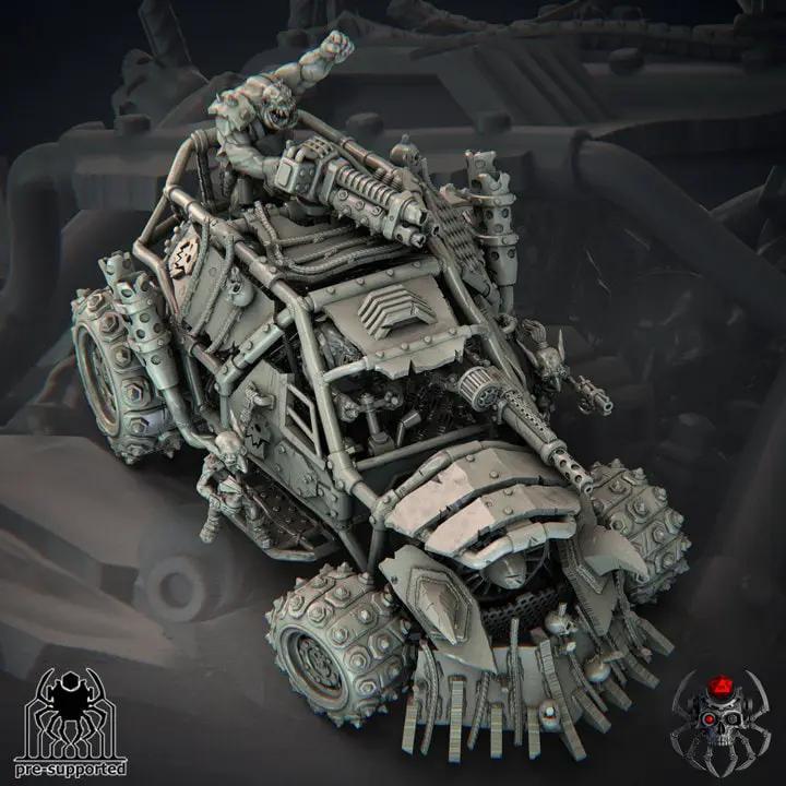 3D printed Ork Warbuggy model by Last Hope Miniatures, featuring detailed Ork vehicle with rugged design and vibrant green paint.