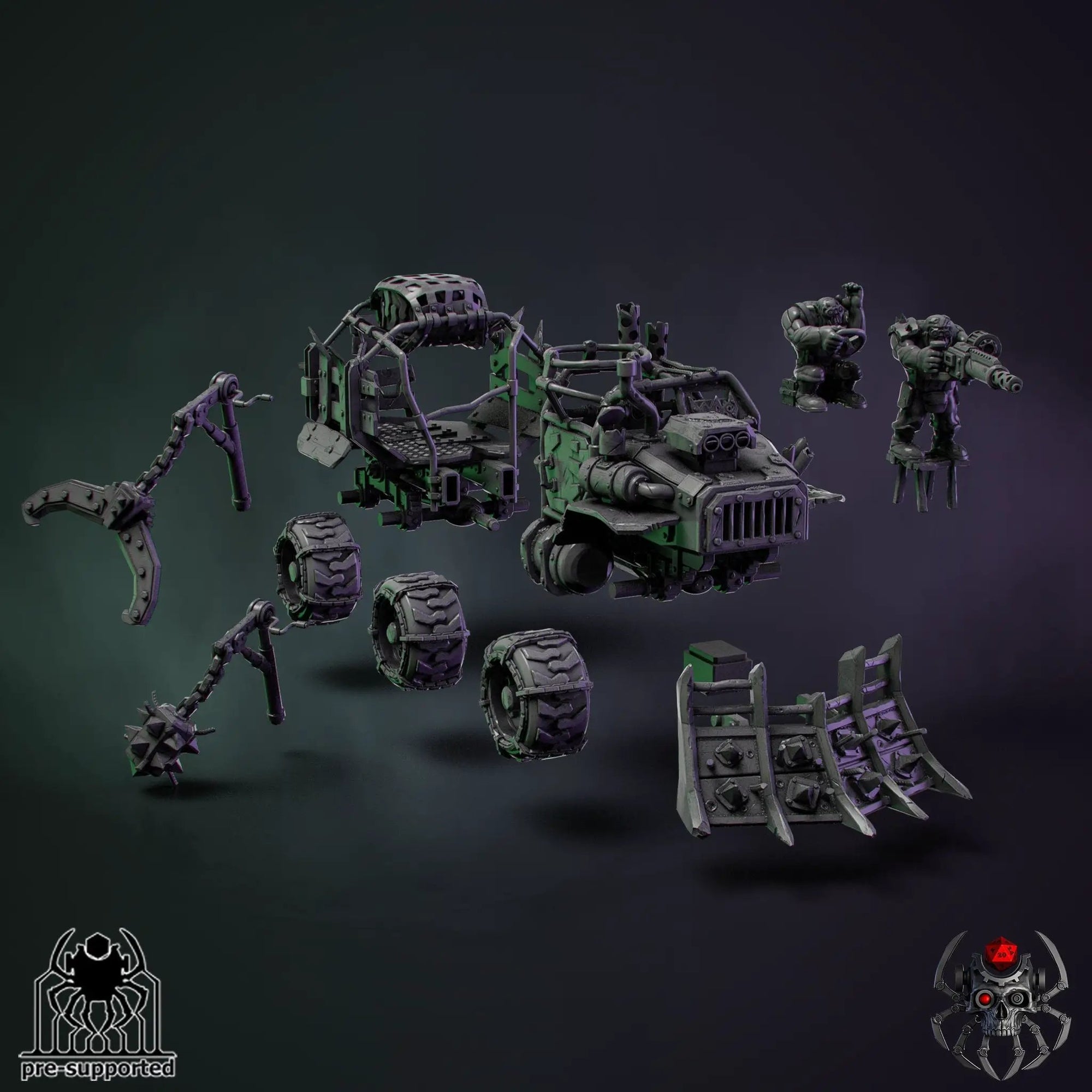 3D printed Ork Wartruck model by Last Hope Miniatures, detailed green military vehicle from Eightlegs Miniatures.
