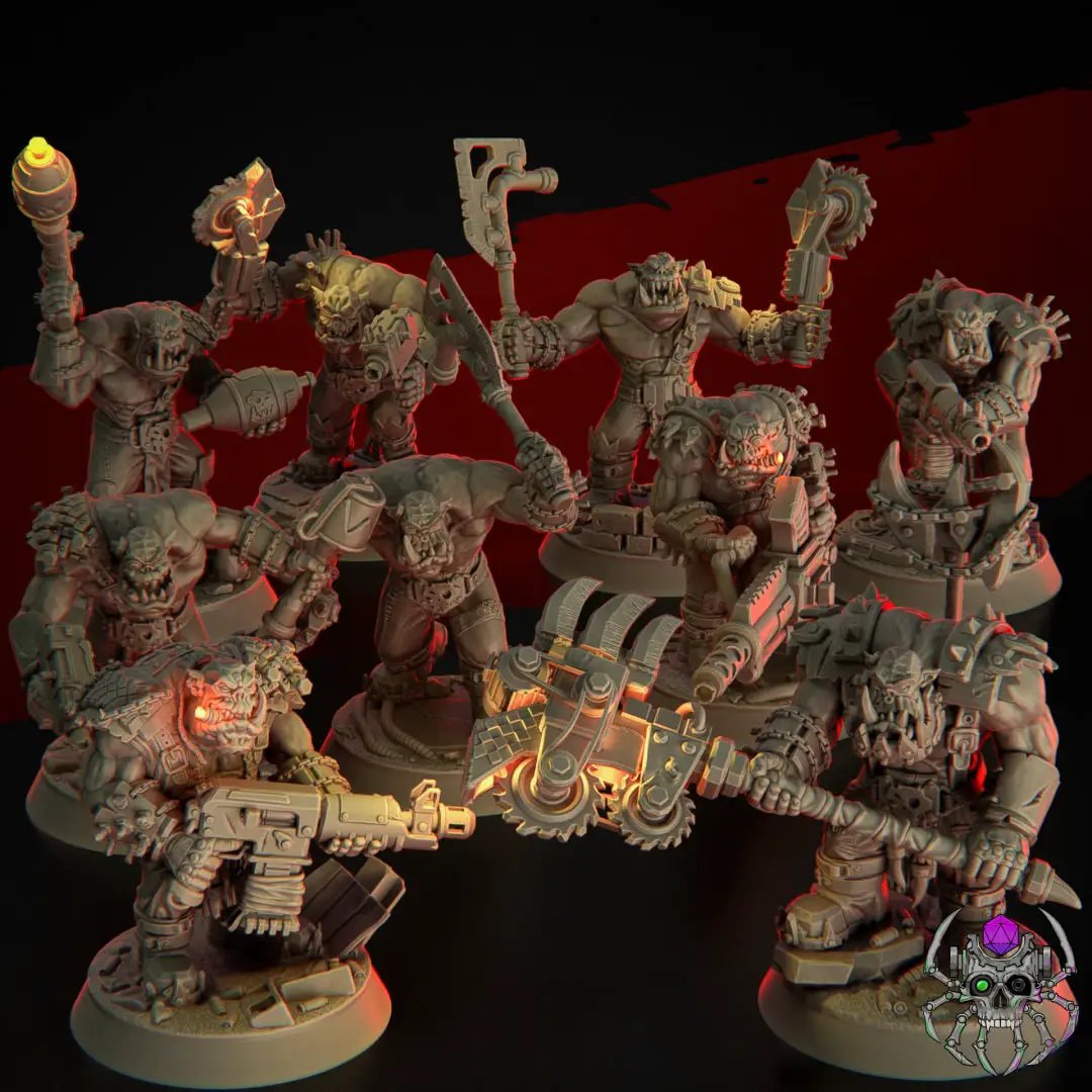 Nine 3D printed Ork Wasteland Marauders models by Last Hope Miniatures for tabletop gaming, detailed green-skinned figures.