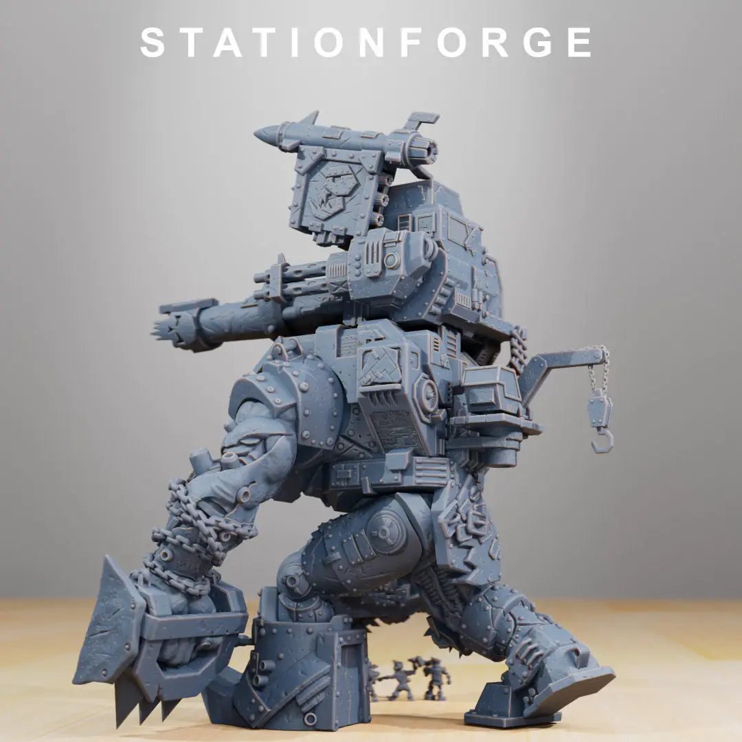 3D printed Orkaz Mega Steppa model by Last Hope Miniatures, featuring detailed textures and dynamic pose from StationForge Miniatures.